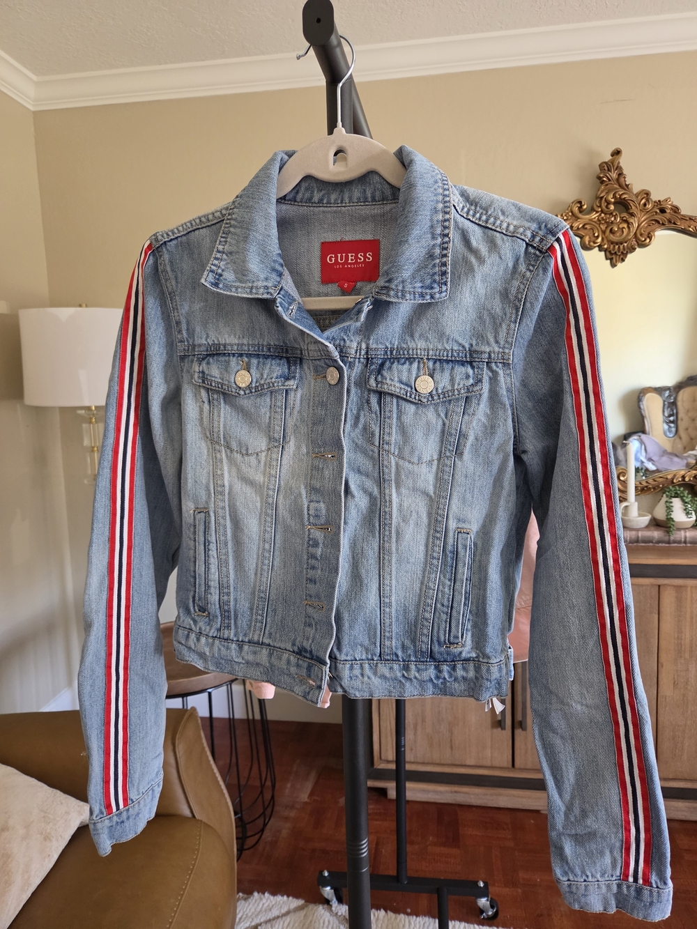 GUESS Light Blue Denim Jacket with Red & White Stripe Detail